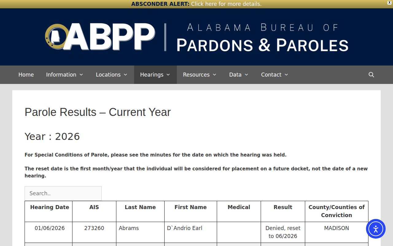 ABPP current-year parole results page used for parole outcome checks