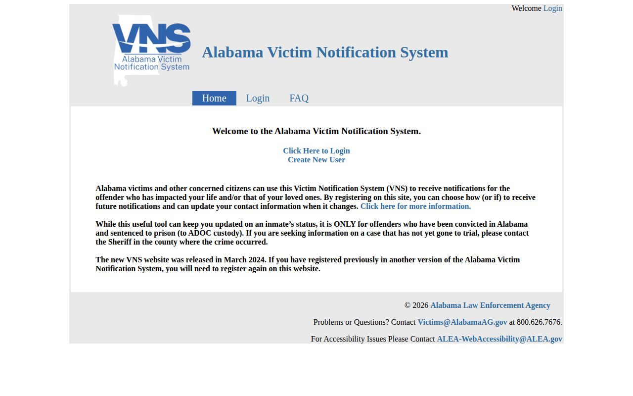 Alabama Victim Notification System page for ADOC custody notification
