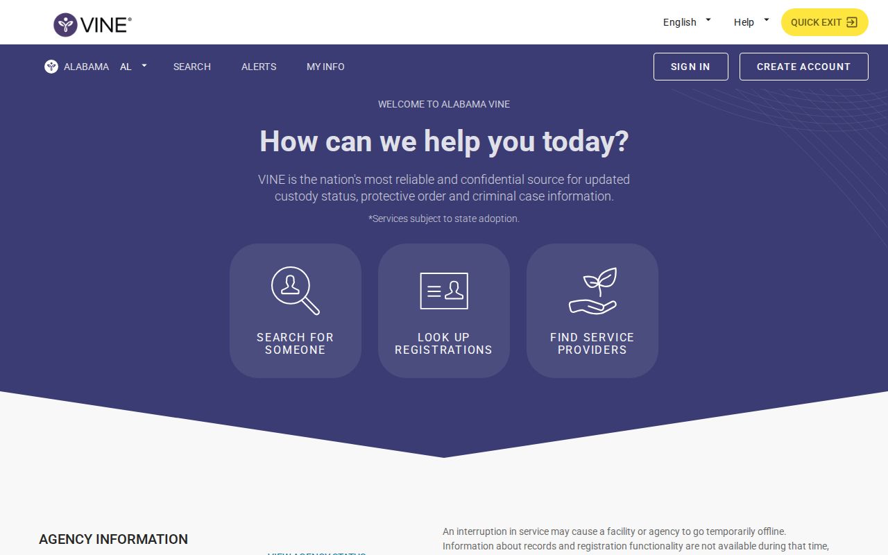 VINELink Alabama search and registration interface